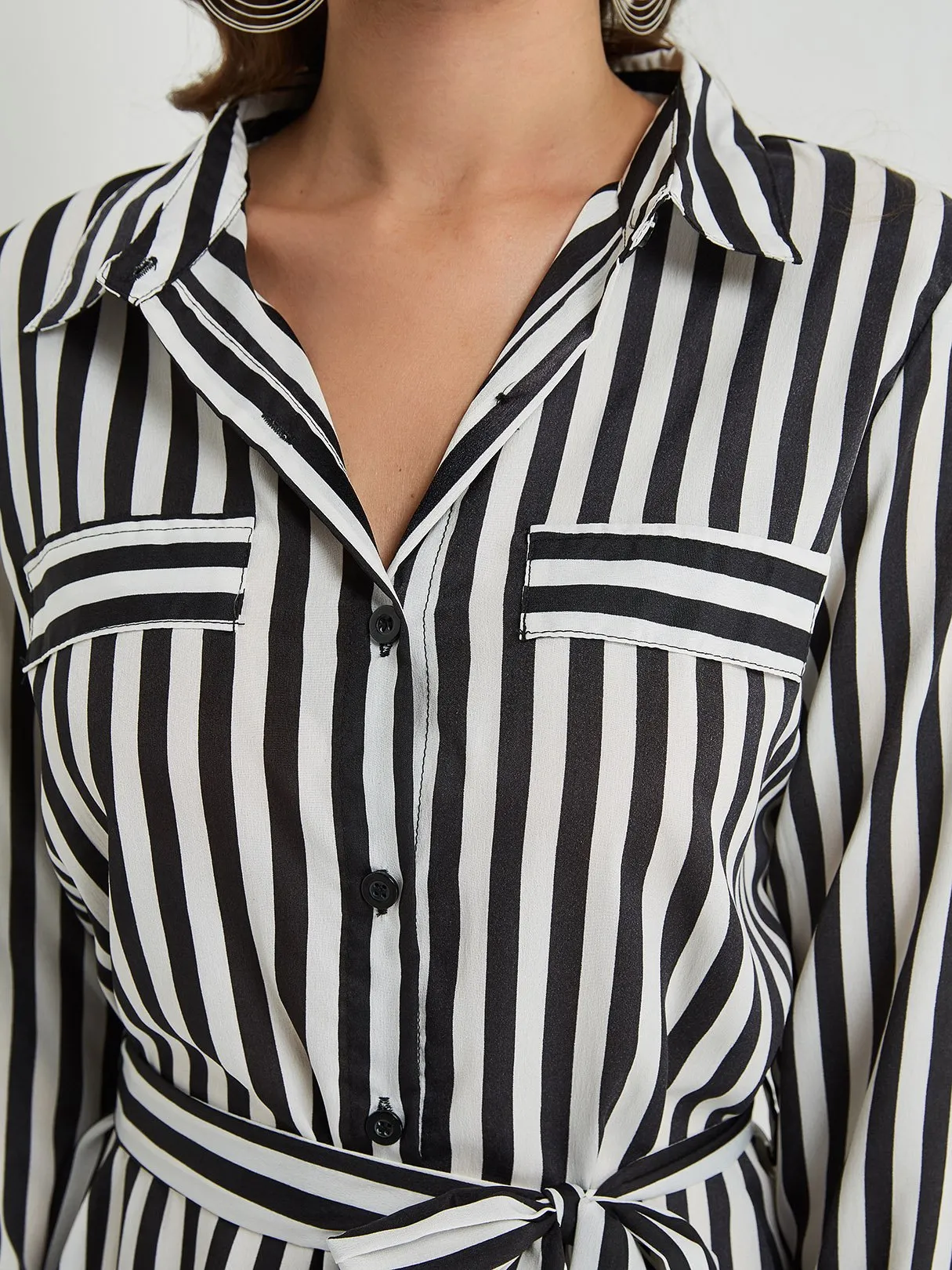 Wholesale Classic Collar Stripe Belt Long Sleeve Black Shirt Dresses