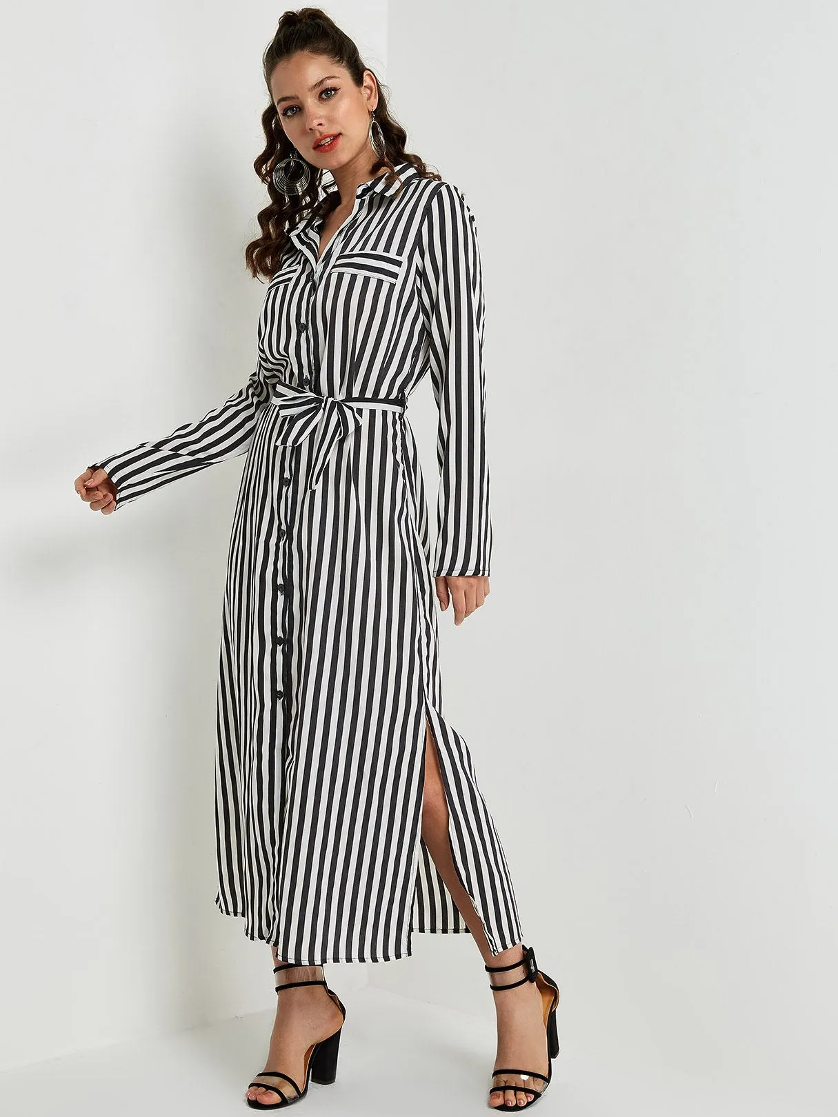 Wholesale Classic Collar Stripe Belt Long Sleeve Black Shirt Dresses