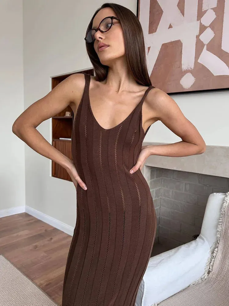 Women Knitting Cocktail Beach Maxi Dress with See-Through Accents