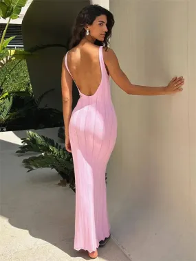 Women Knitting Cocktail Beach Maxi Dress with See-Through Accents