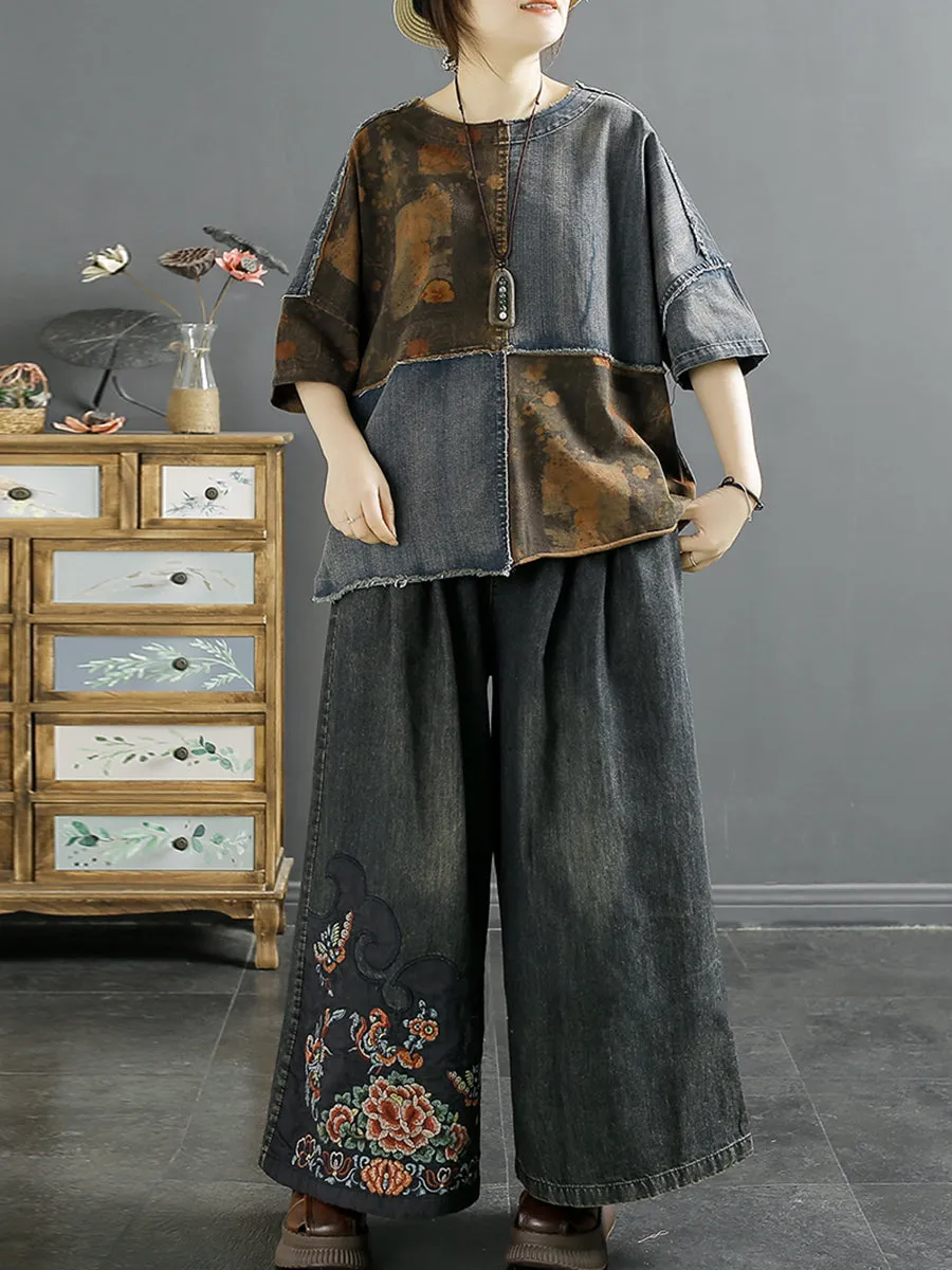 Women Summer Vintage Embroidery Denim Wide-leg Pants AA1039