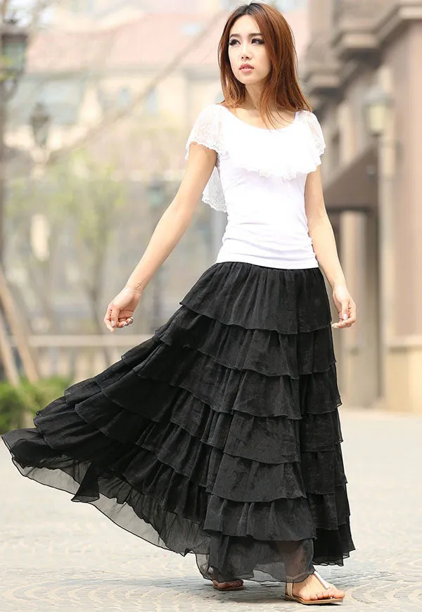 Women's long maxi chiffon skirt in black 0939#