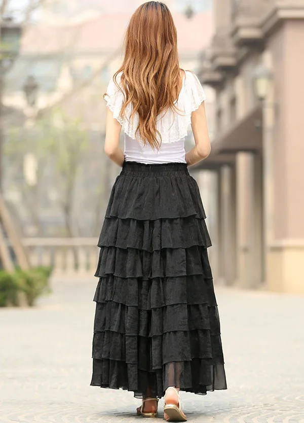 Women's long maxi chiffon skirt in black 0939#