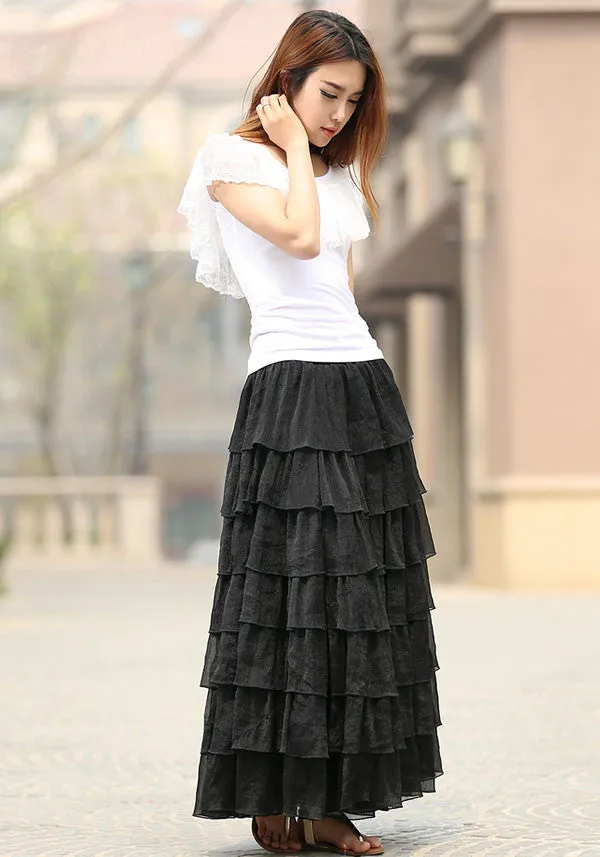 Women's long maxi chiffon skirt in black 0939#