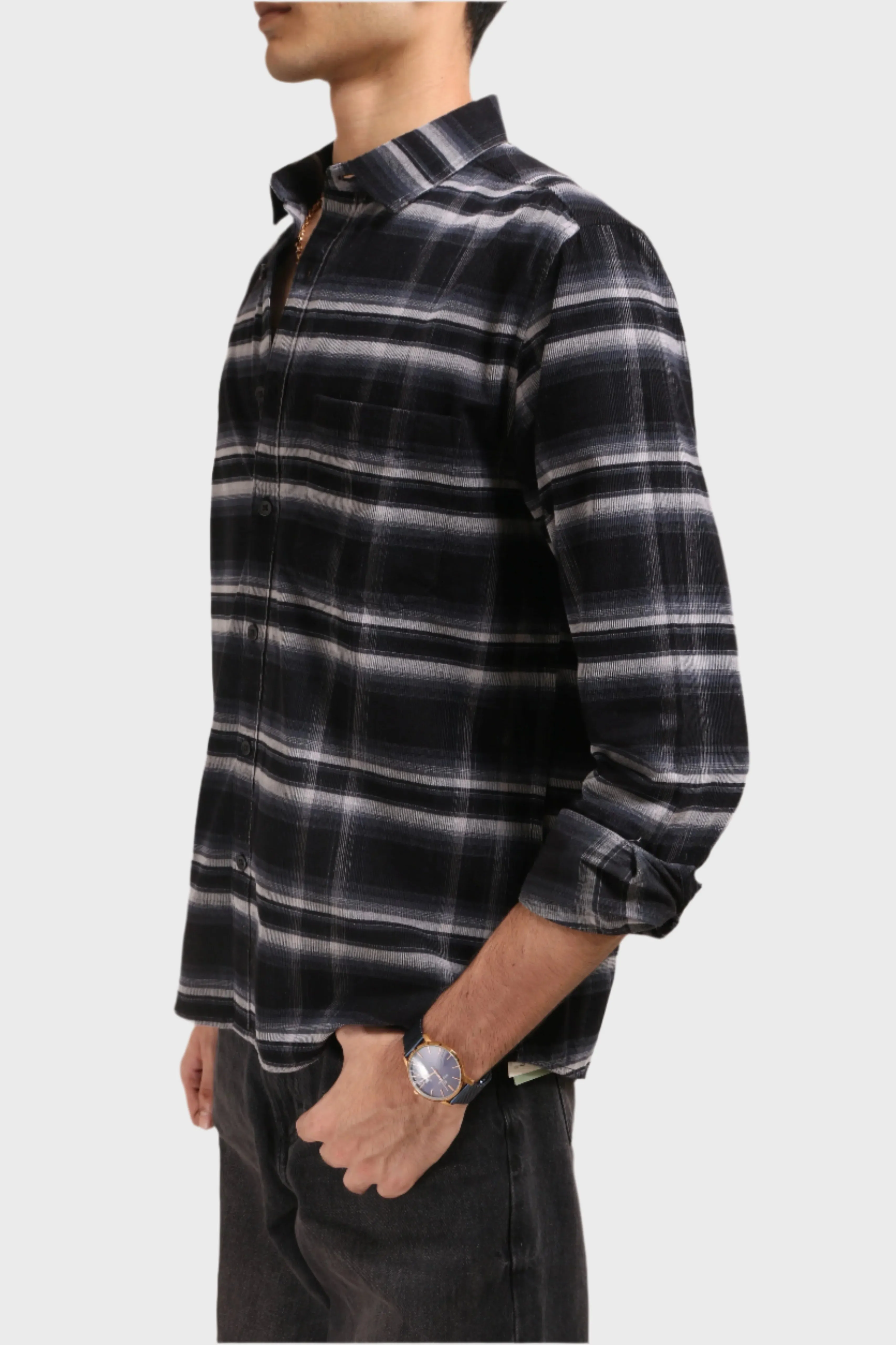 XKIND BLACK FINE CORDUROY CHECKS REGULAR FIT SHIRT