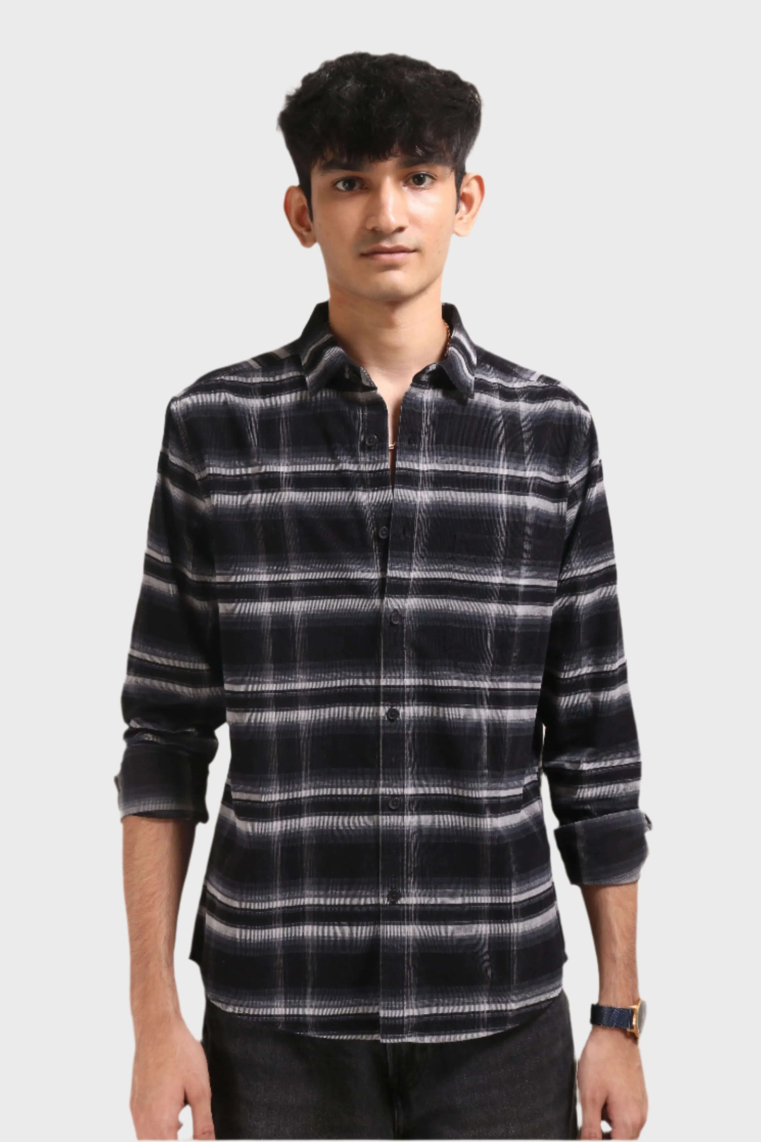 XKIND BLACK FINE CORDUROY CHECKS REGULAR FIT SHIRT