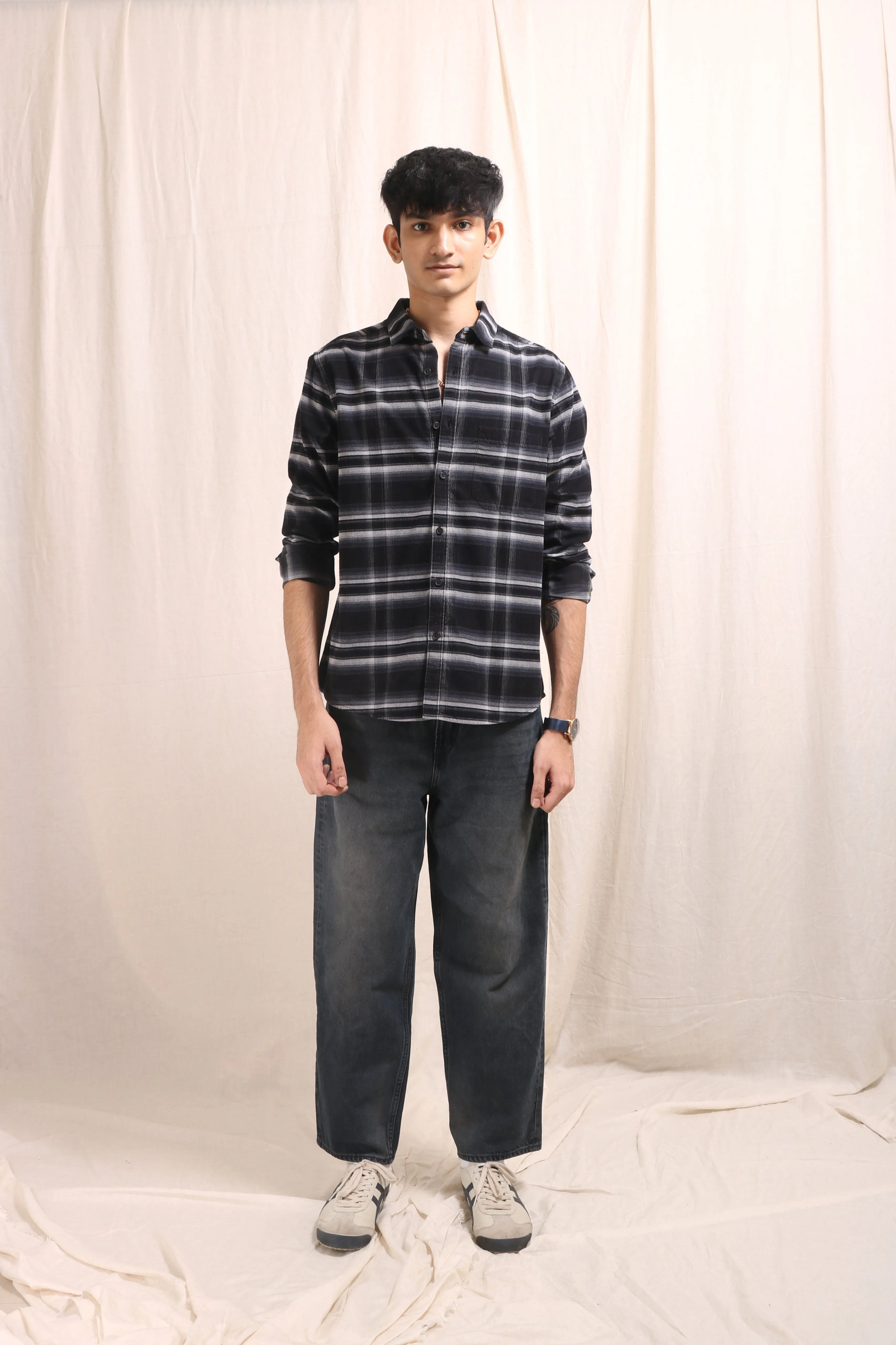XKIND BLACK FINE CORDUROY CHECKS REGULAR FIT SHIRT